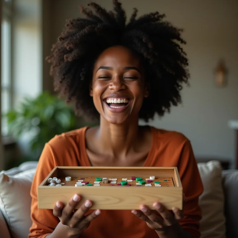 Mulher negra sorrindo com jogo de tabuleiro clássico