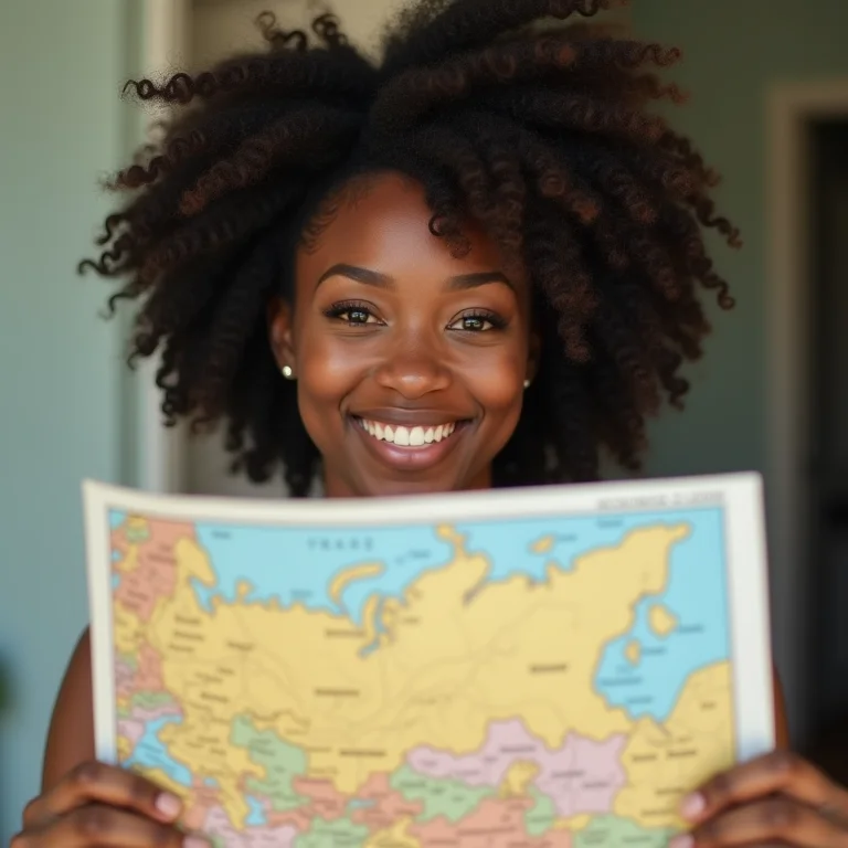 Mulher negra sorrindo com mapa de Moscou