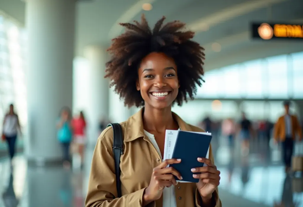 Mulher negra sorrindo com passaporte e passagem aérea no aeroporto, pronta para viajar.