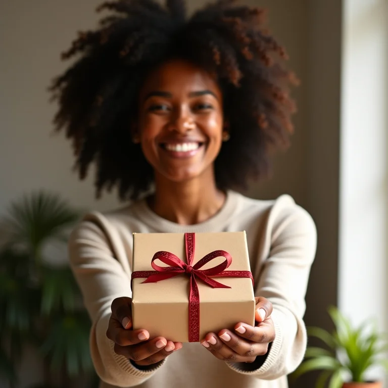 Mulher negra sorrindo com presente DIY criativo