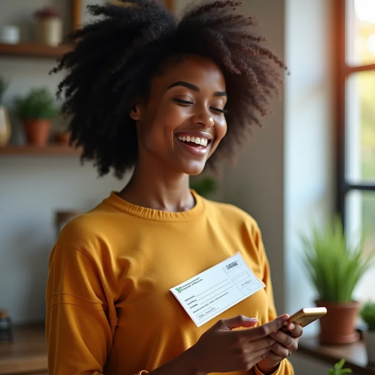 Mulher negra sorrindo com seu salário.