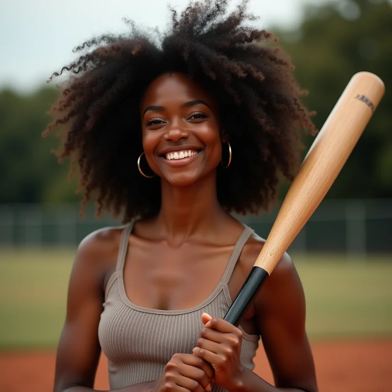 Mulher negra sorrindo com um taco de beisebol