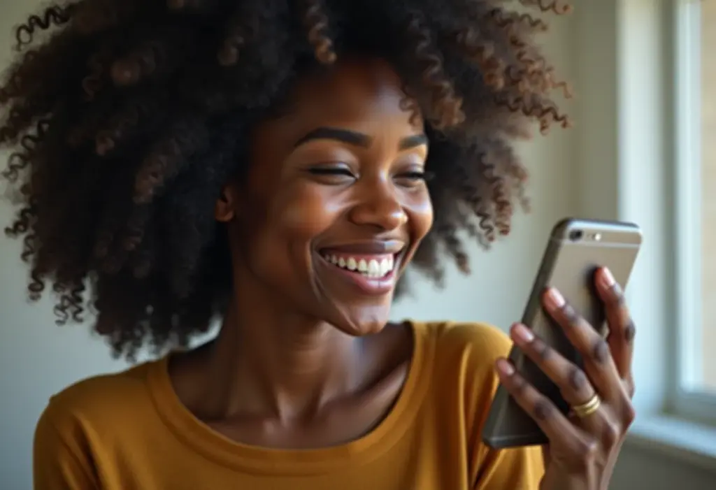 Mulher negra sorrindo durante videoconferência no celular