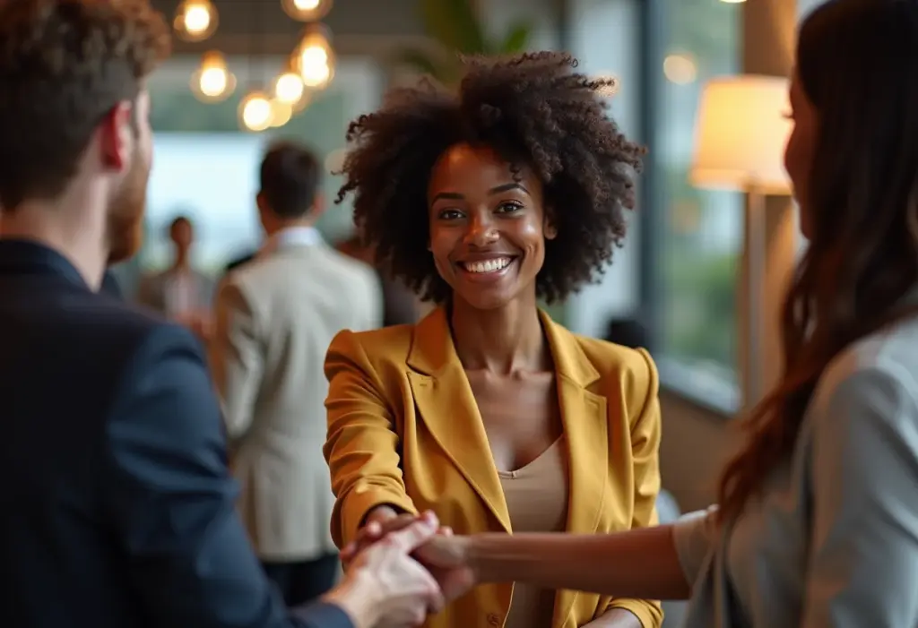 Mulher negra sorrindo e apertando a mão em evento de networking