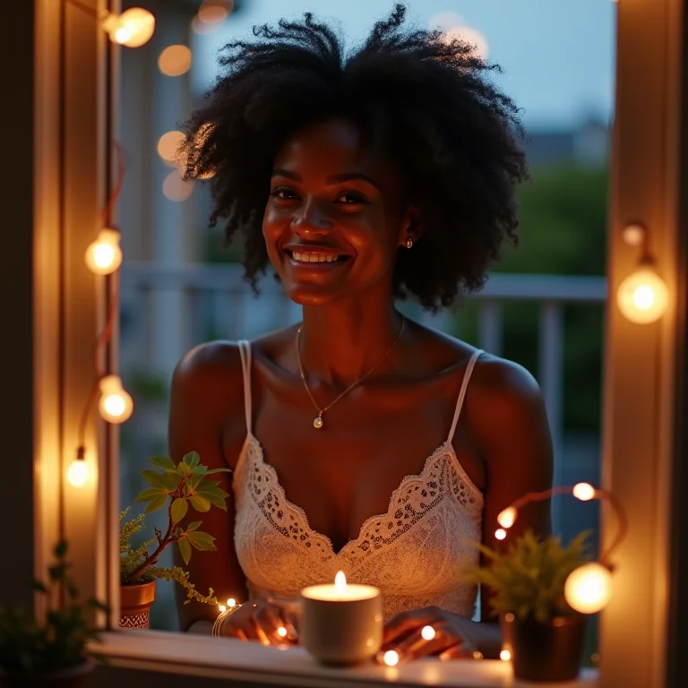 Mulher negra sorrindo e decorando varanda.