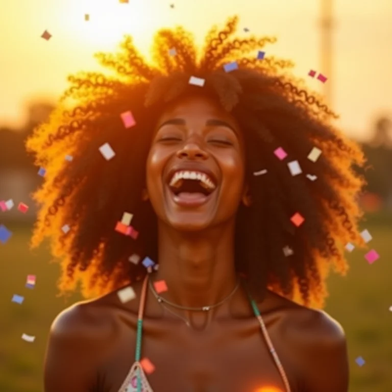 Mulher negra sorrindo e jogando confetes no ar, celebrando o Carnaval