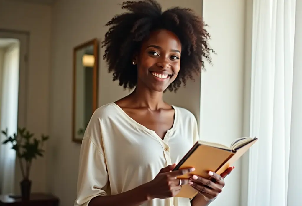 Mulher negra sorrindo e planejando viagem em um quarto de hotel iluminado