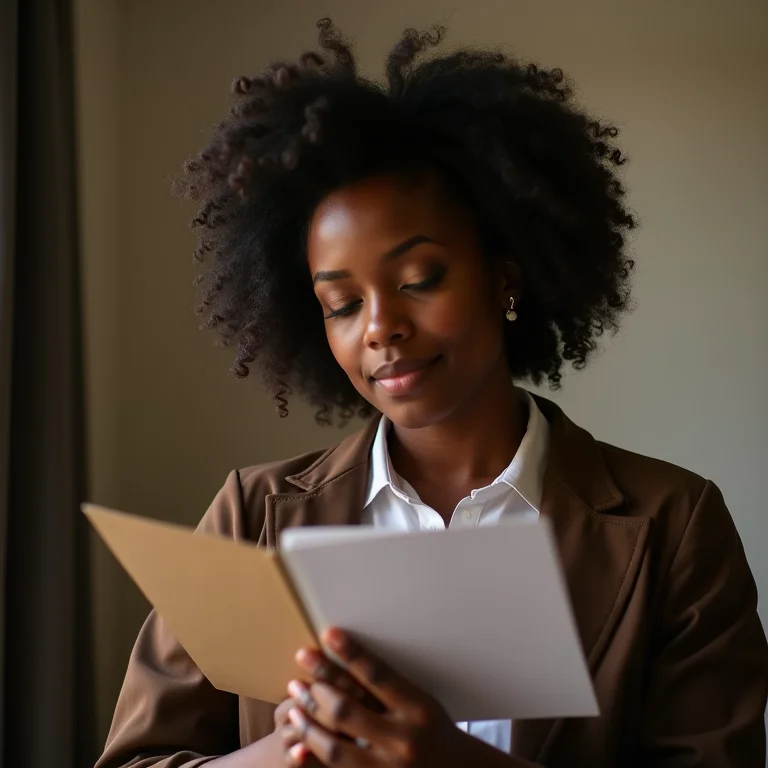 Mulher negra sorrindo e revisando um currículo.