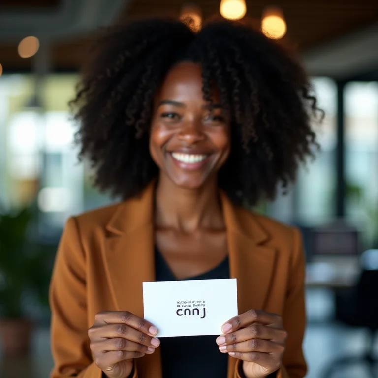 Mulher negra sorrindo e segurando seu cartão CNPJ MEI