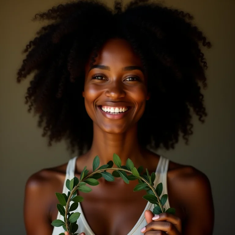 Mulher negra sorrindo e segurando uma coroa de louros, simbolizando as origens míticas das Olimpíadas.