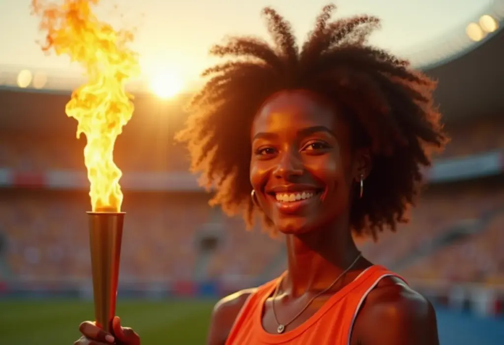 A fascinante história das Olimpíadas e o significado de seus símbolos Mulher negra sorrindo e segurando uma tocha olímpica