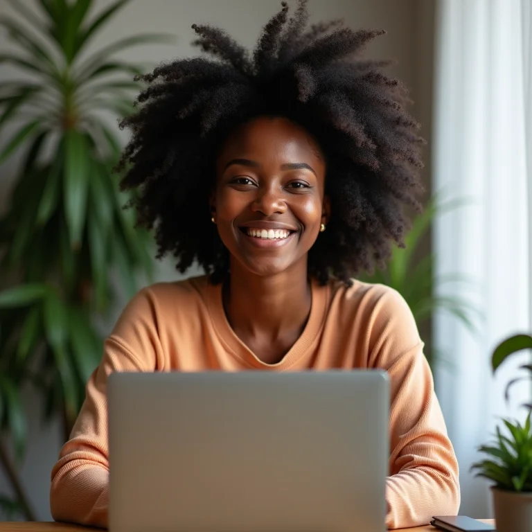 Mulher negra sorrindo e trabalhando com seu MEI
