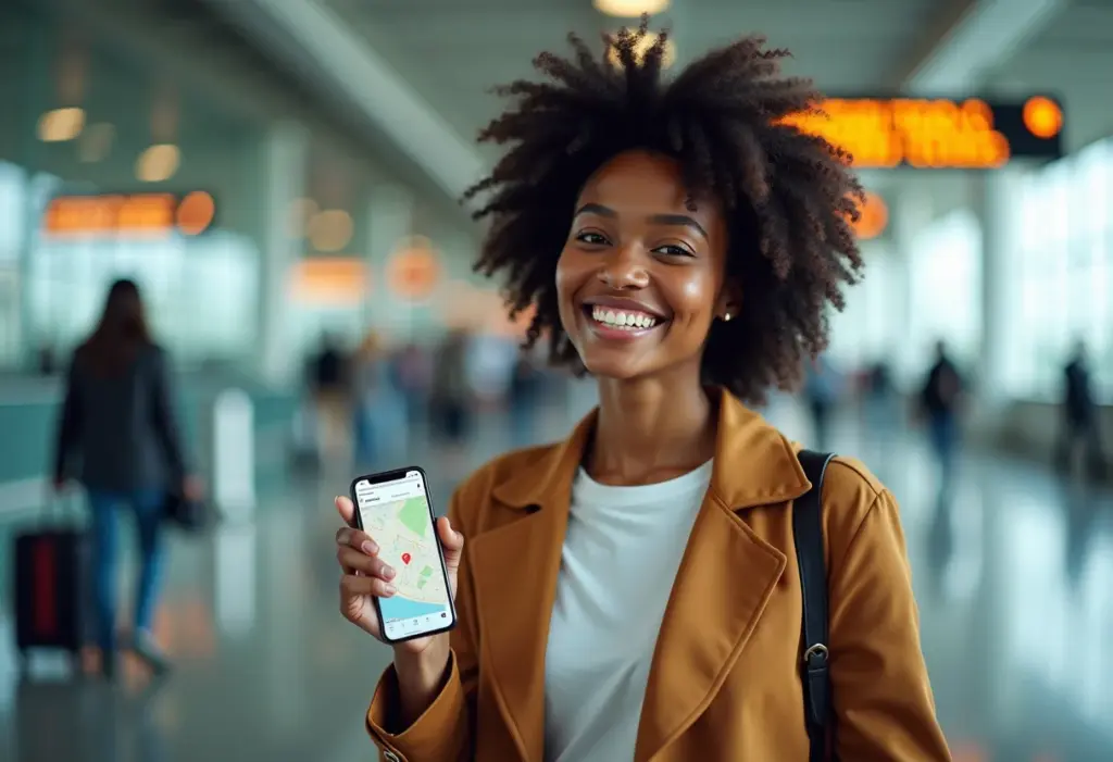Chip internacional: guia PRÁTICO para usar internet no exterior Mulher negra sorrindo em aeroporto usando chip internacional