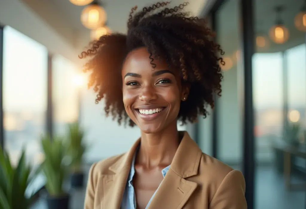 Mulher negra sorrindo em ambiente de escritório moderno.