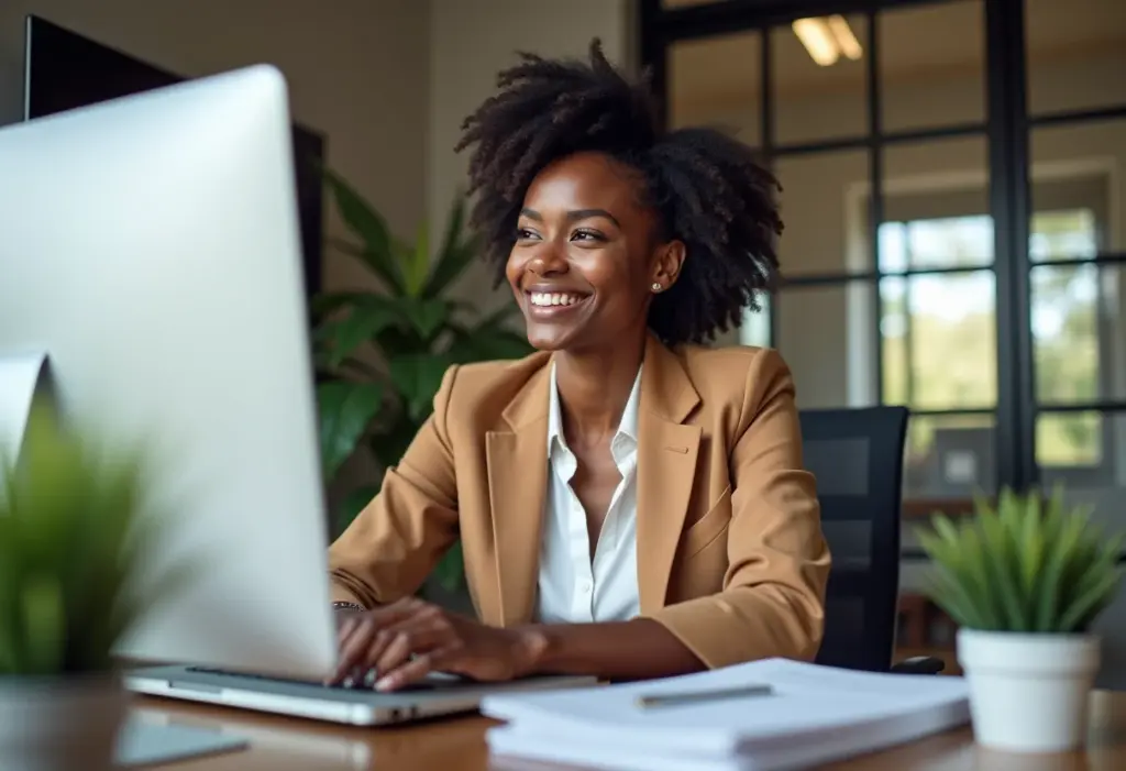Capital de Giro: O guia prático para calcular e turbinar seu negócio Mulher negra sorrindo em ambiente de escritório moderno, representando sucesso financeiro.