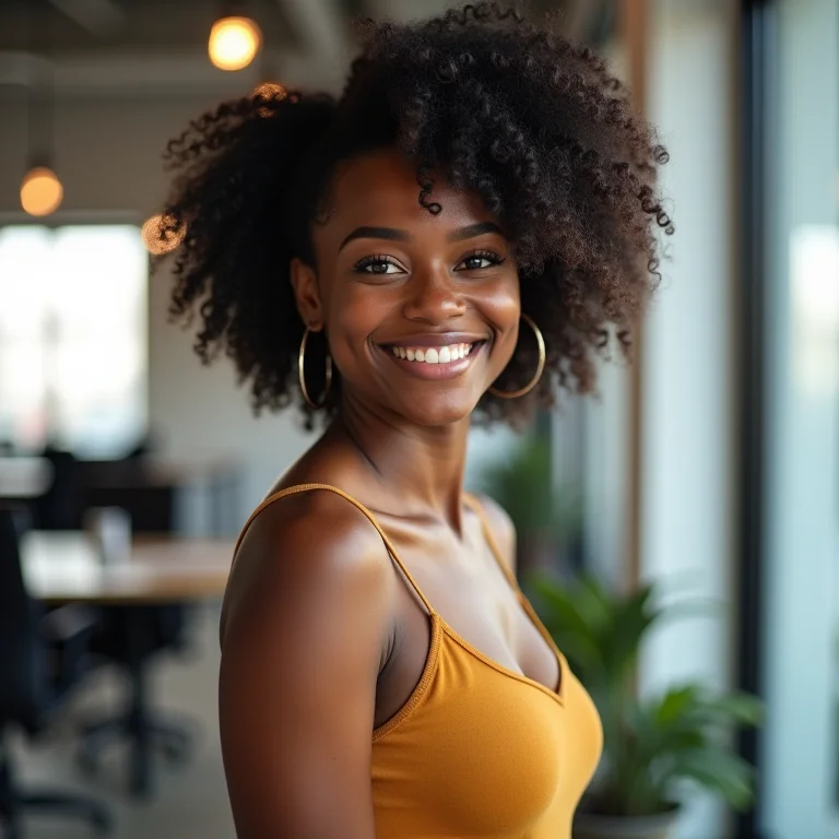 Mulher negra sorrindo em ambiente de trabalho