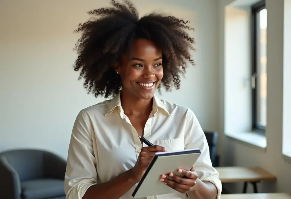 Entrevista: A resposta INFALÍVEL sobre seus pontos fracos Mulher negra sorrindo em ambiente de trabalho moderno