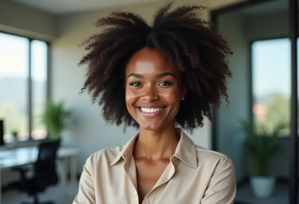 Mulher negra sorrindo em ambiente de trabalho moderno