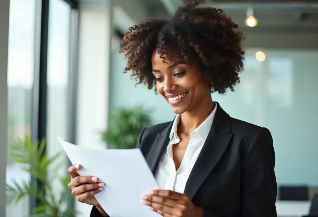 Soft Skills: O Guia Definitivo + Exemplos REAIS para o Currículo Mulher negra sorrindo em ambiente de trabalho moderno.