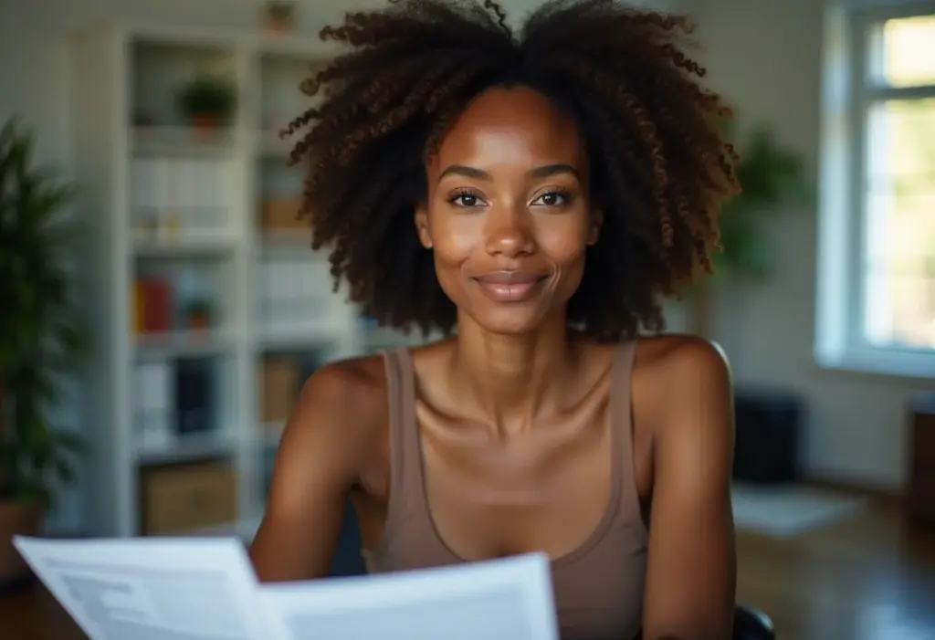 Mulher negra sorrindo em ambiente de trabalho moderno, representando o Desenrola Brasil para MEI.