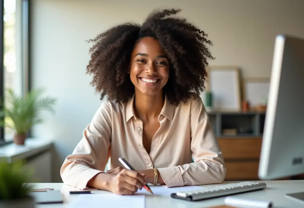 Assinatura de email profissional com foto: o guia definitivo Mulher negra sorrindo em ambiente de trabalho, representando assinatura de email profissional