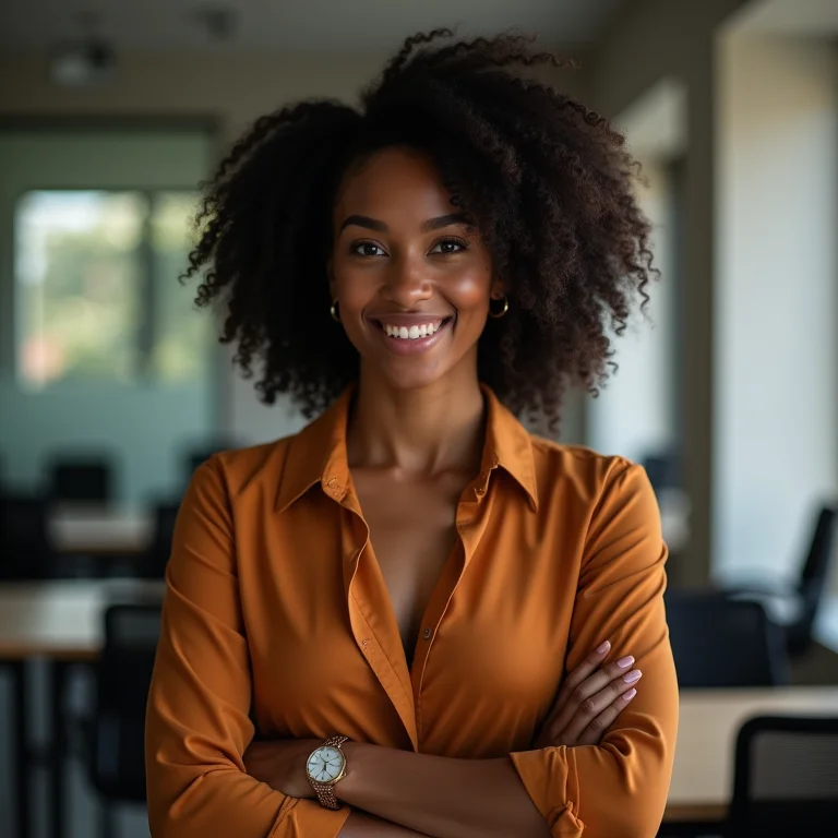Mulher negra sorrindo em ambiente de trabalho