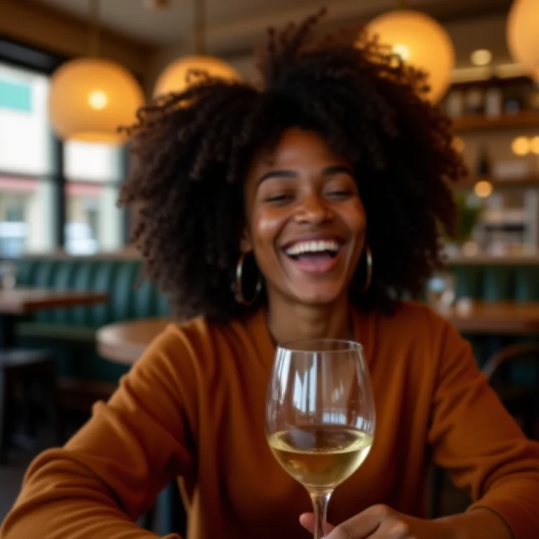 Mulher negra sorrindo em café aconchegante na Rota Romântica