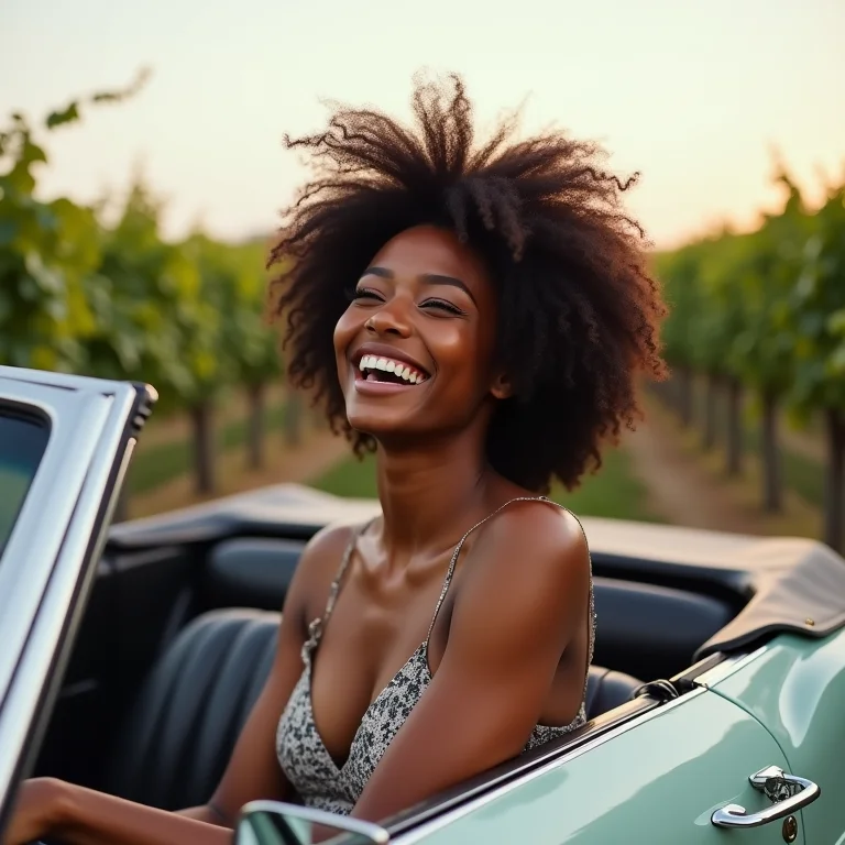 Mulher negra sorrindo em carro conversível na Toscana