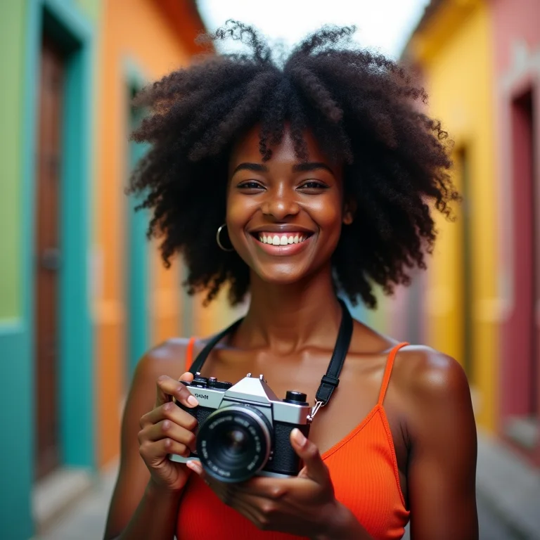 Mulher negra sorrindo em Cartagena com câmera vintage.