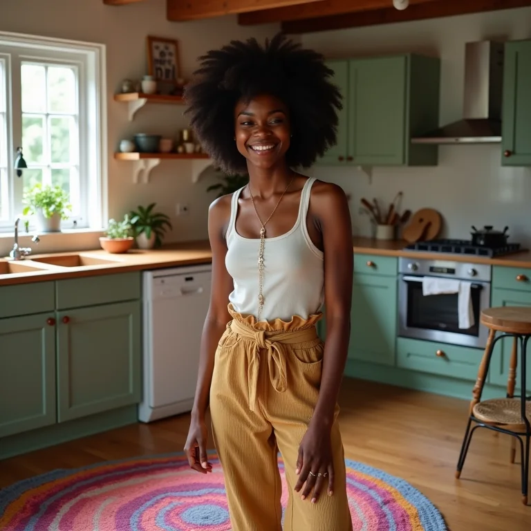 Mulher negra sorrindo em cozinha com tapete de crochê