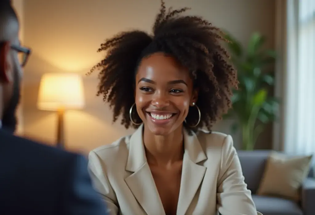 Mulher negra sorrindo em entrevista de emprego