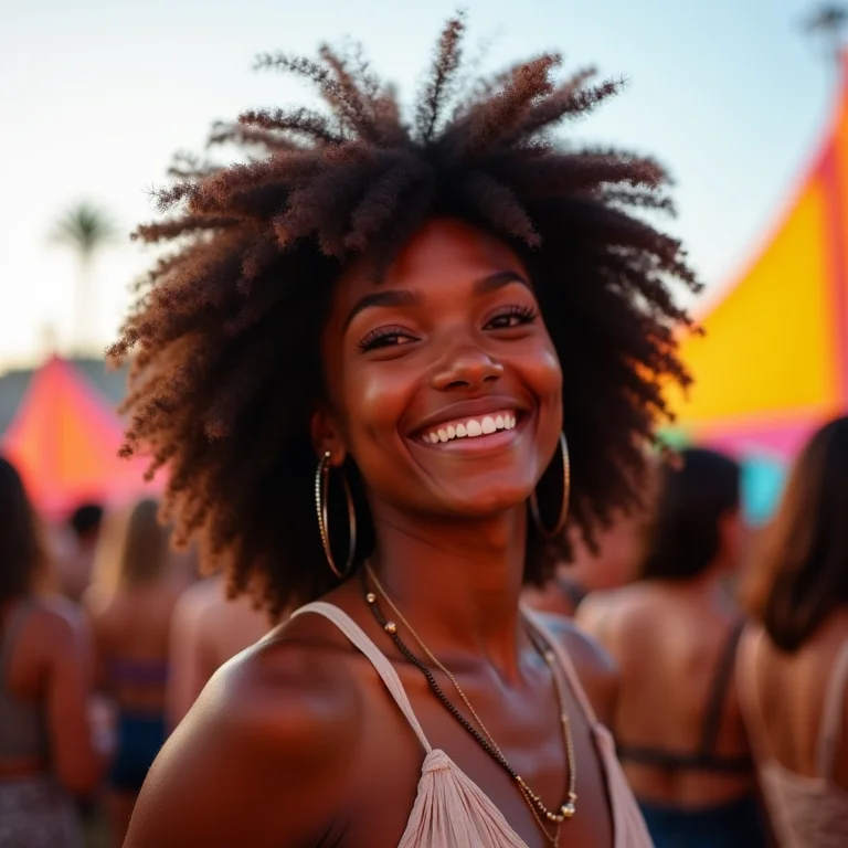 Mulher negra sorrindo em festival de música