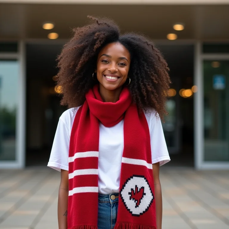 Mulher negra sorrindo em frente à entrada de um estádio de futebol.