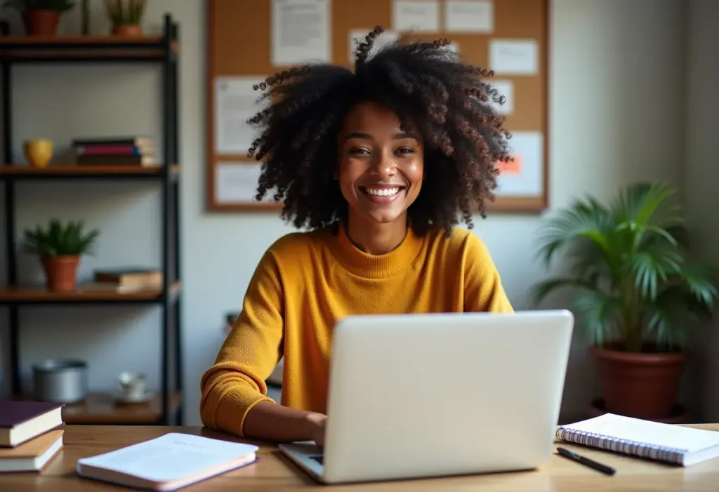 Mulher negra sorrindo em frente a um laptop, cercada de objetos inspiradores de carreira.