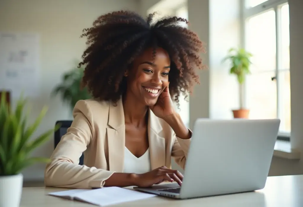 Mulher negra sorrindo em frente a um notebook, representando planejamento de carreira