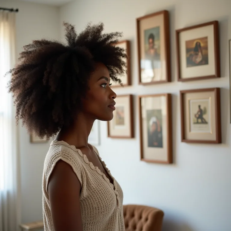 Mulher negra sorrindo em frente a uma galeria de quadros