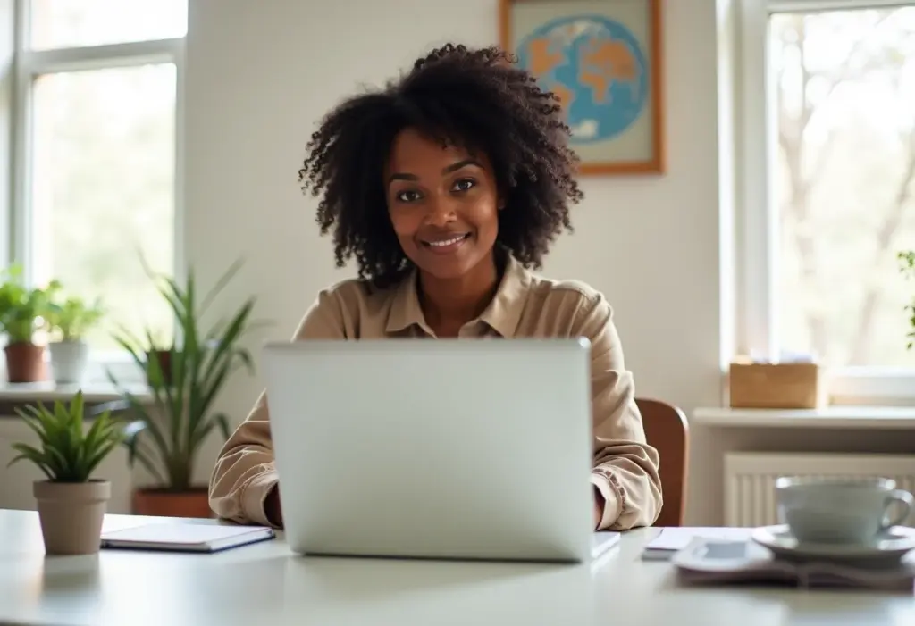 Em Busca de Emprego? 7 Dicas Geniais Para Manter a Motivação Mulher negra sorrindo em frente ao notebook, trabalhando em casa