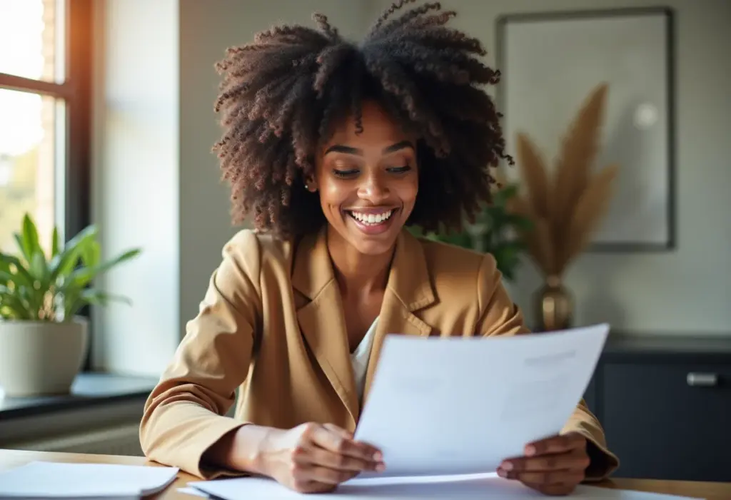 Mulher negra sorrindo em home office moderno