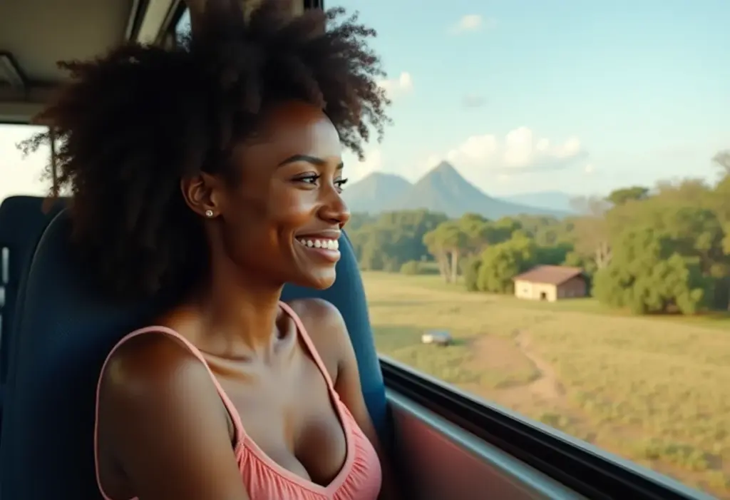Mulher negra sorrindo em ônibus durante viagem pelo Brasil
