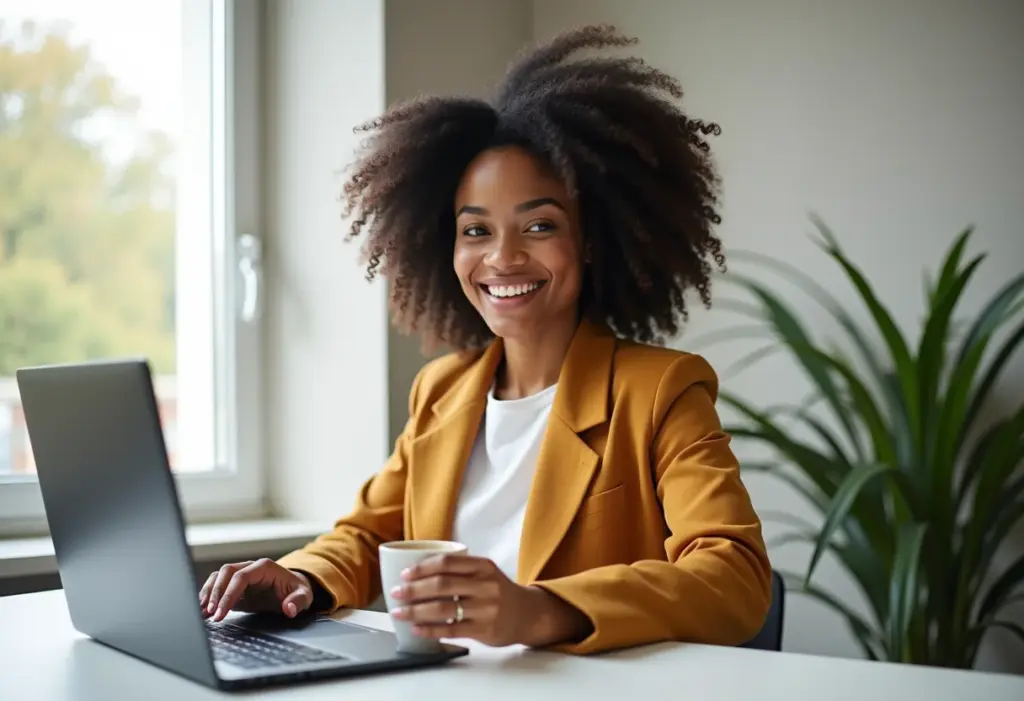 Mulher negra sorrindo em pausa do trabalho