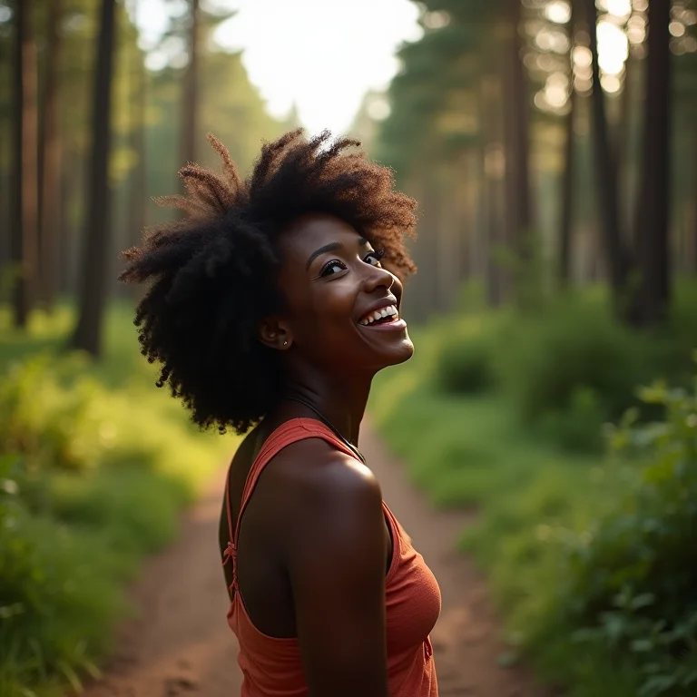 Mulher negra sorrindo em trilha na Vista Chinesa.
