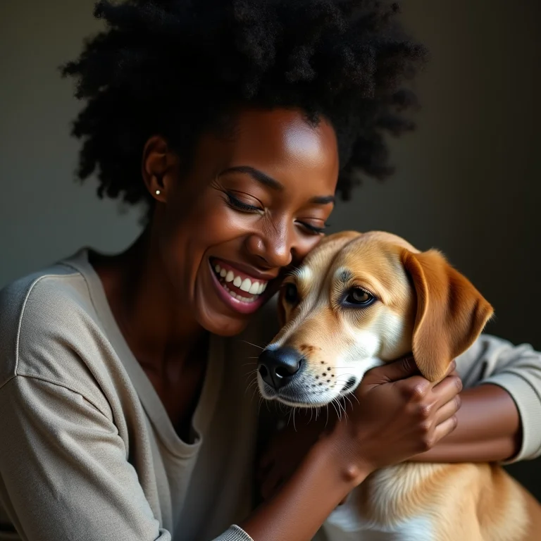 Mulher negra sorrindo enquanto abraça cachorro idoso.