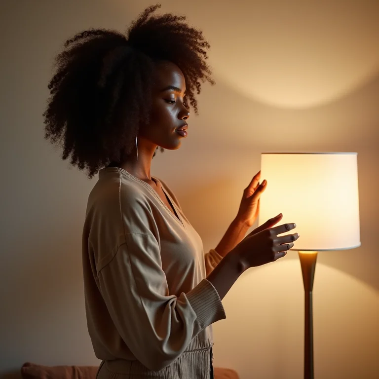 Mulher negra sorrindo enquanto ajusta luminária em sala de estar