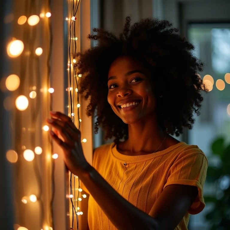 Mulher negra sorrindo enquanto ajusta luzes de Natal em uma janela.
