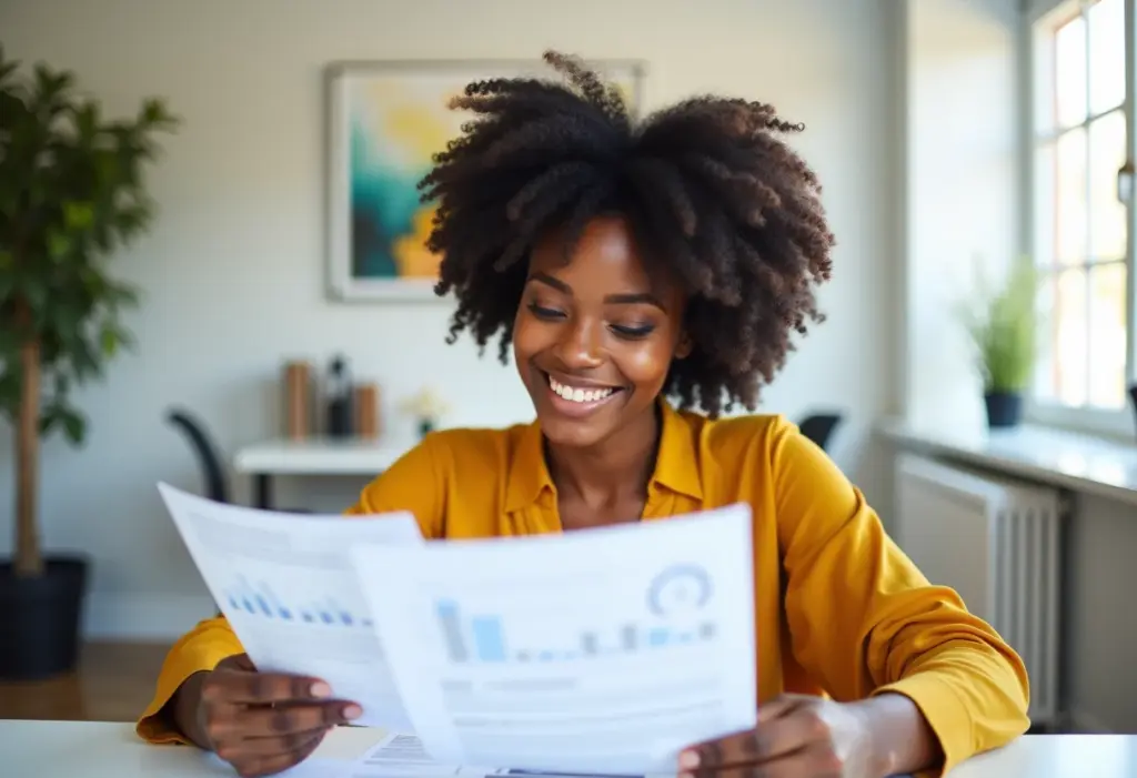 Mulher negra sorrindo enquanto analisa documentos do Imposto de Renda