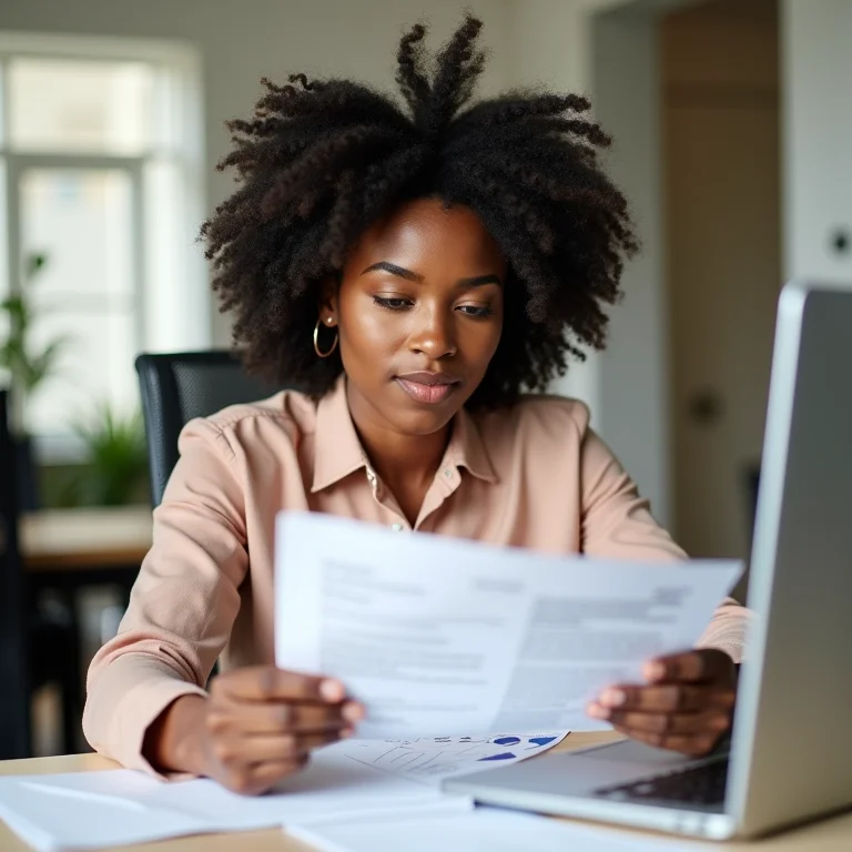 Mulher negra sorrindo enquanto analisa documentos financeiros em seu escritório.