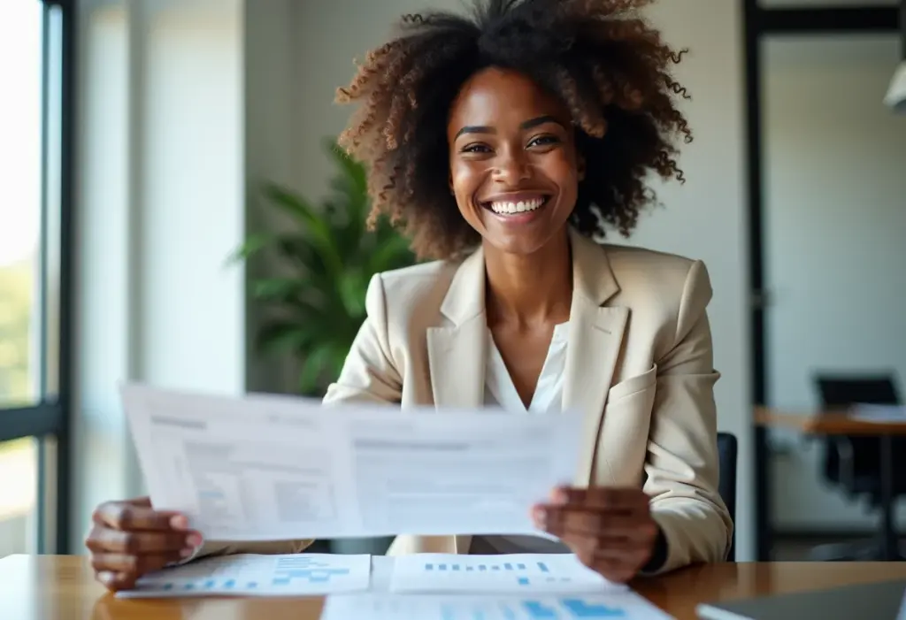 Mulher negra sorrindo enquanto analisa documentos financeiros para comprovar renda como MEI