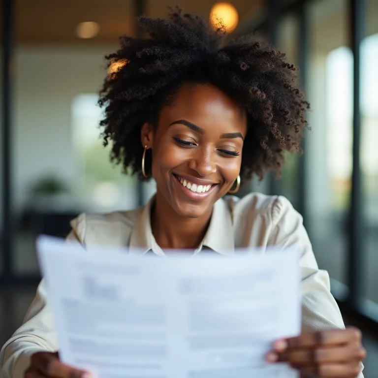 Mulher negra sorrindo enquanto analisa documentos financeiros.