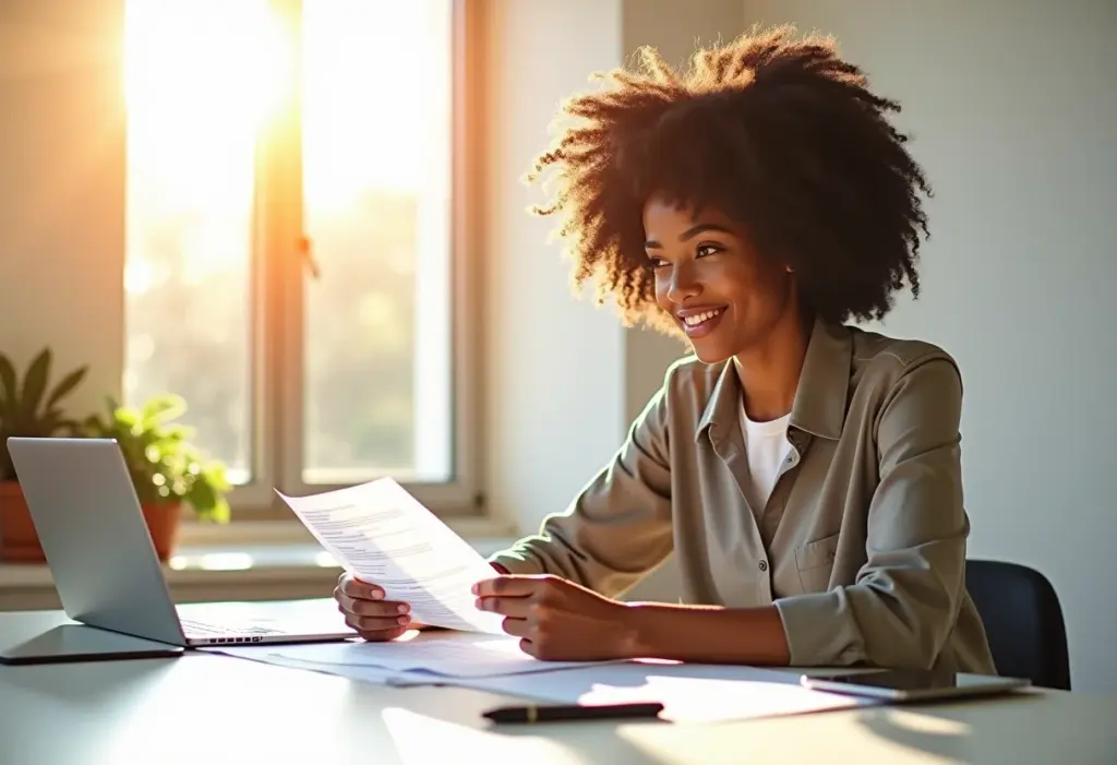 MEI e Seguro-Desemprego: O Guia Definitivo para Entender as Regras Mulher negra sorrindo enquanto analisa documentos financeiros.