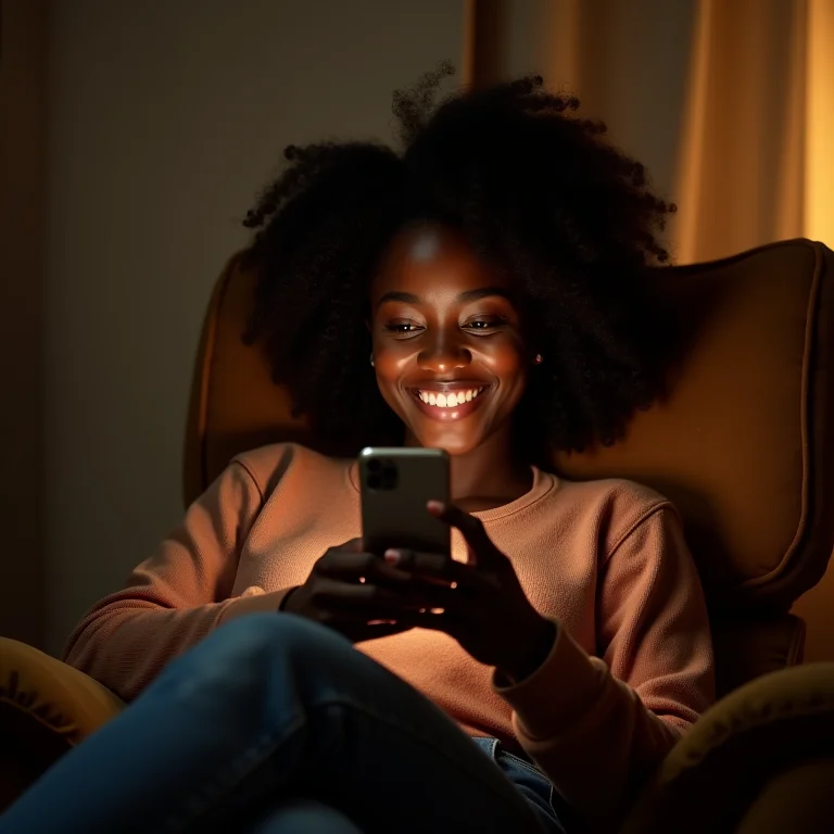 Mulher negra sorrindo enquanto assiste um documentário histórico em seu celular.